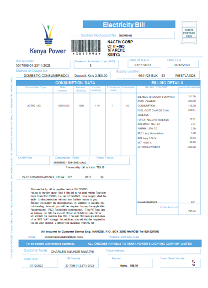 Kenya Power utility business bill,  SCR PSD template